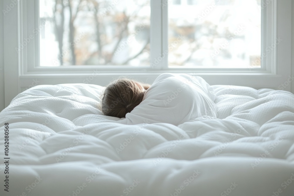 Adult person sleeping lying on soft mattress Adult person sleeping lying on soft mattress