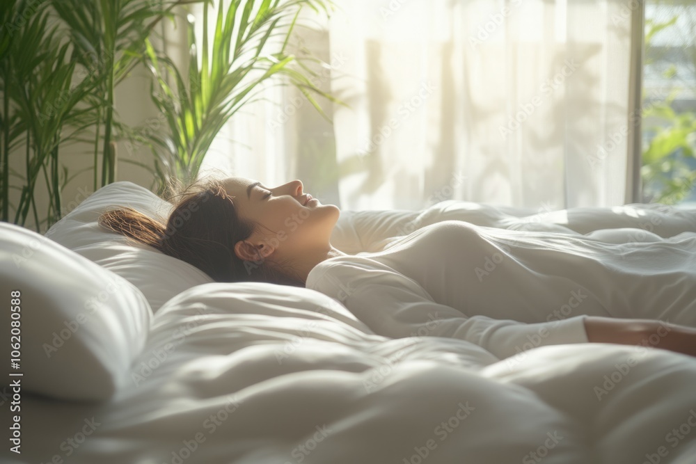 Adult person sleeping lying on soft mattress Adult person sleeping lying on soft mattress