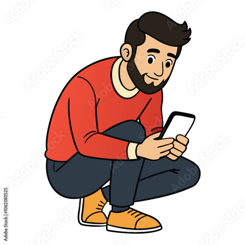 portrait of a guy who is squatting with a phone