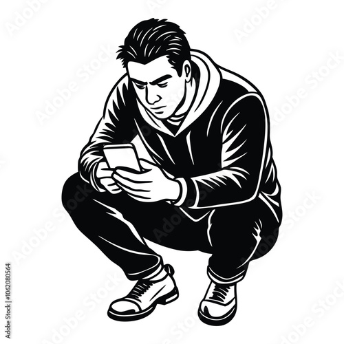 portrait of a guy who is squatting with a phone