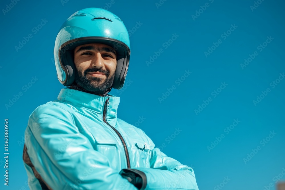 Food delivery with motorcycle and helmet in turquoise outfit on turquoise background Food delivery with motorcycle and helmet in turquoise outfit on turquoise background