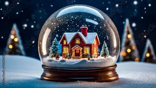 A Charming Snow Globe Featuring a Cozy House Surrounded by Trees and Falling Snow at Night