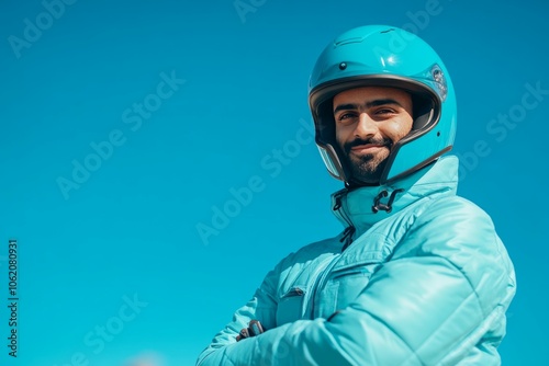 Food delivery with motorcycle and helmet in turquoise outfit on turquoise background