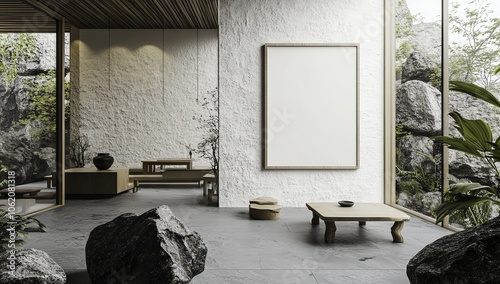 This mockup showcases an empty frame mounted on a white stone wall within a modern Japanese interior design.