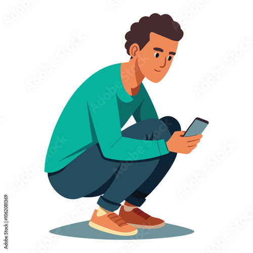 portrait of a guy who is squatting with a phone