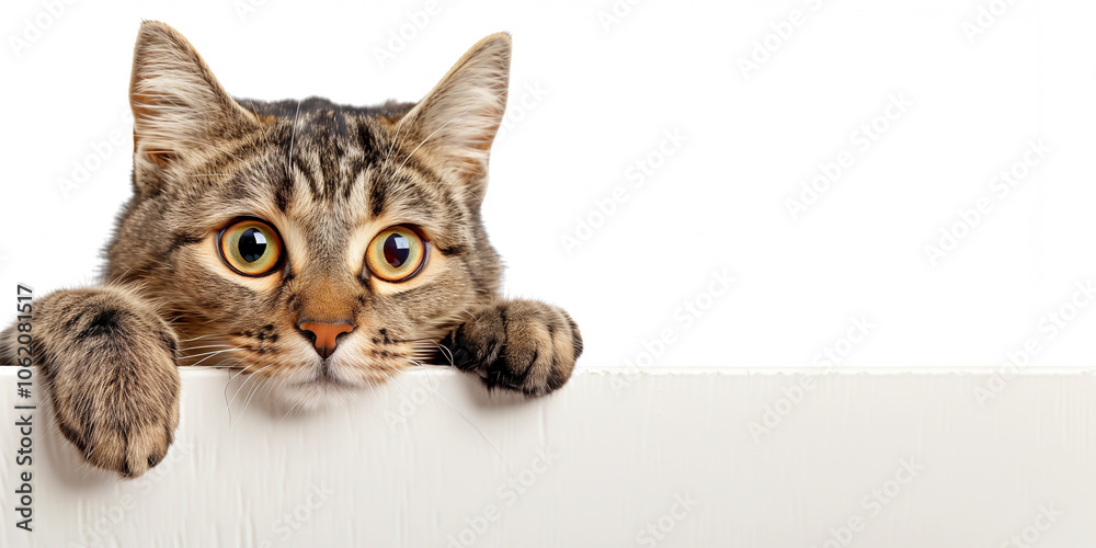 A curious tabby cat peeking over a white surface, with large expressive eyes and a focused expression. The cat's paws are resting on the edge, creating an adorable and playful scene. A curious tabby cat peeking over a white surface, with large expressive eyes and a focused expression. The cat's paws are resting on the edge, creating an adorable and playful scene.