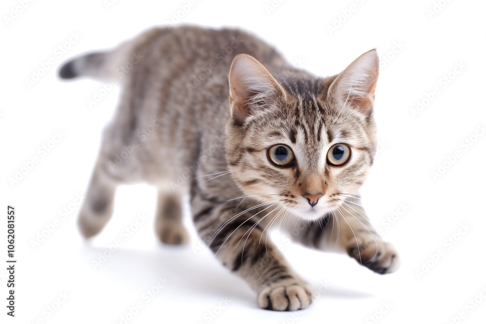 A playful tabby cat with striking blue eyes, walking towards the camera. The cat's fur is a mix of gray and brown stripes, and it appears curious and alert. The background is white