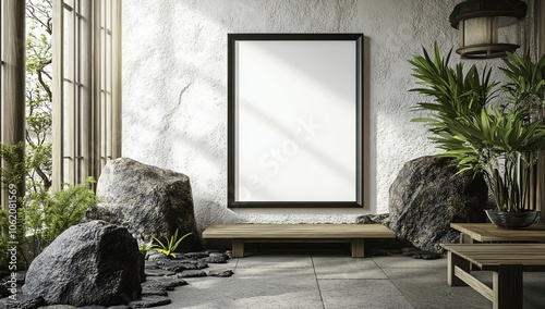 This mockup showcases an empty frame mounted on a white stone wall within a modern Japanese interior design.
