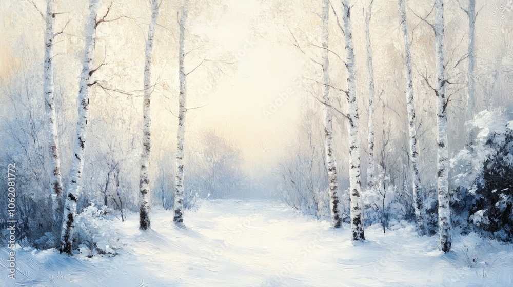 Charming winter backdrop for product showcasing, featuring a snowy landscape scene with birch trees and soft morning light, ideal for cozy winter product presentations