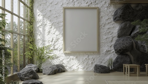 This mockup showcases an empty frame mounted on a white stone wall within a modern Japanese interior design.