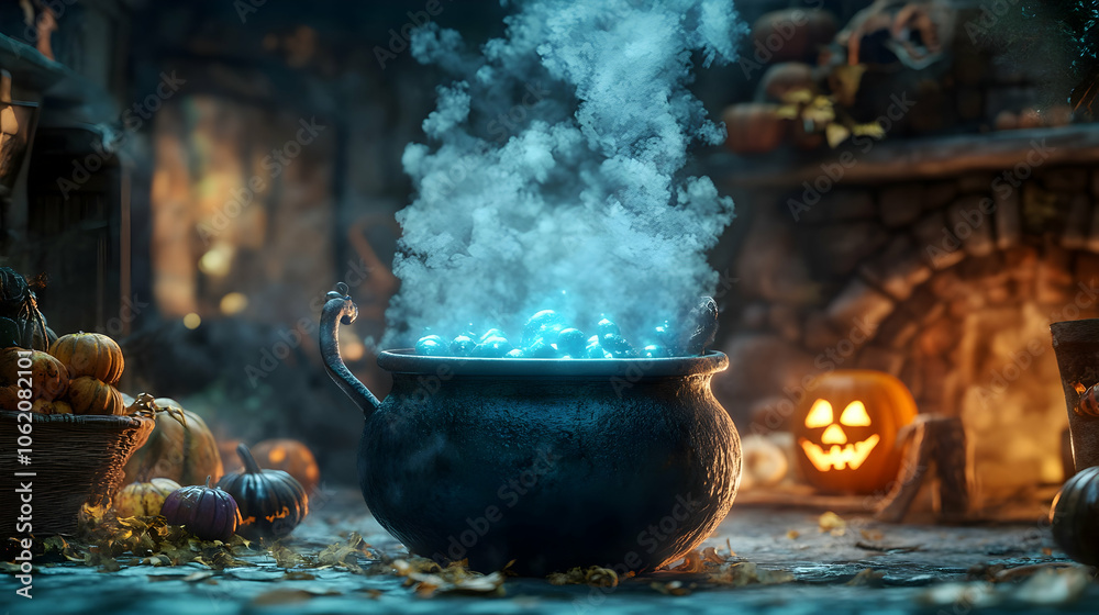 A cauldron filled with bubbling liquid and emitting a vibrant blue glowing mist. The enchanting glow and dense fog suggest a potent magical brew, ready for a spellbinding ritual A cauldron filled with bubbling liquid and emitting a vibrant blue glowing mist. The enchanting glow and dense fog suggest a potent magical brew, ready for a spellbinding ritual