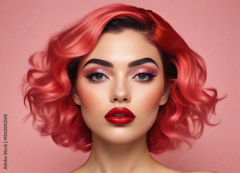 Fototapeta premium A stylized portrait of a woman with exaggerated facial features and pink hair