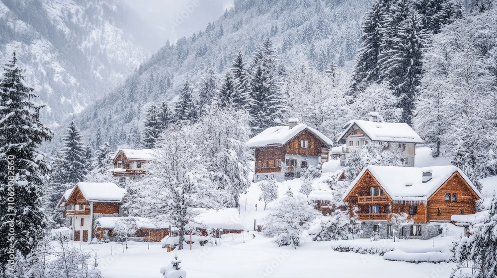 A winter retreat in a snowy wonderland with warm homes in the valley A winter retreat in a snowy wonderland with warm homes in the valley