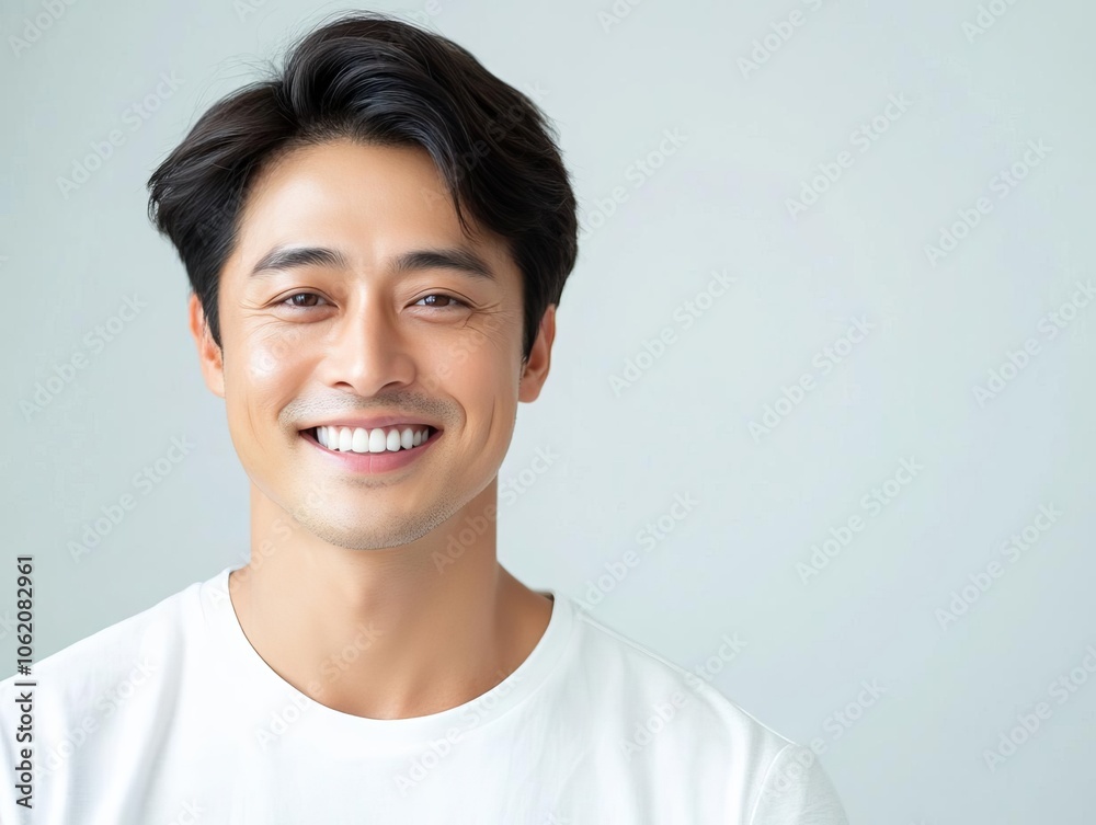Asian man smiling with radiant skin, soft lighting, positive skincare concept Asian man smiling with radiant skin, soft lighting, positive skincare concept