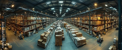 A large warehouse with high shelves stocked with boxes and pallets.  Forklifts are moving through the aisles. photo