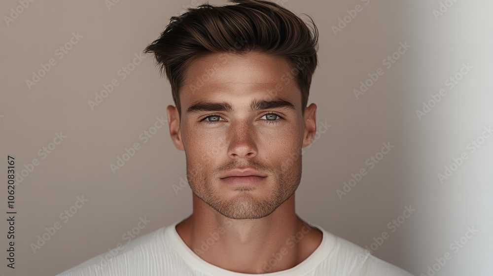 Obraz premium Young man with stylish hair and captivating gaze, posed against a neutral background in bright indoor lighting