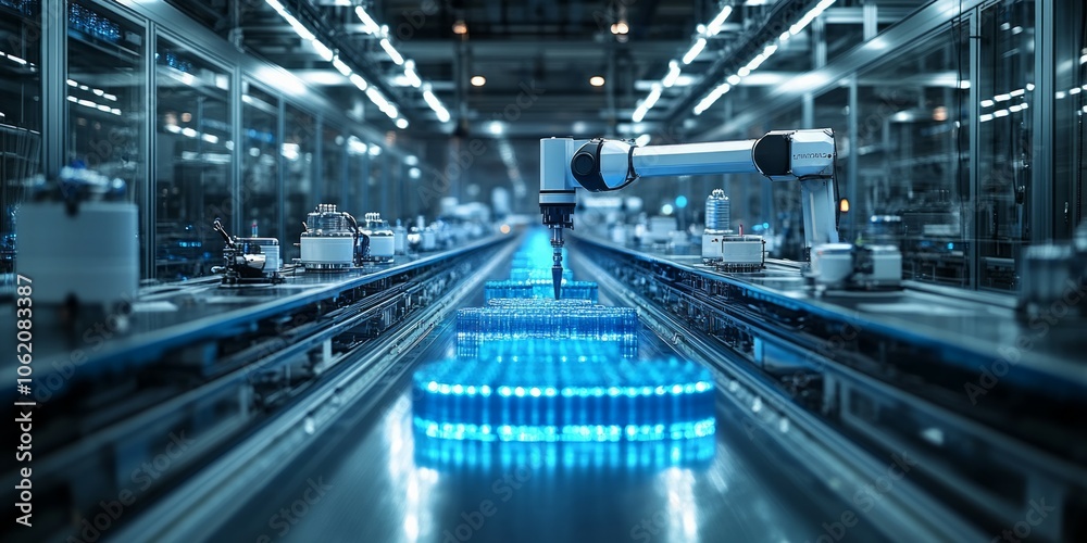 Obraz premium Smart factory working with robots, production hall, future technologies, smart robots, artificial intelligence