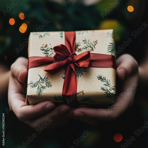 a kid's hands holding a small brown paper color gift wrap with red ribbon on the green forest christmas tree sweater  background	
