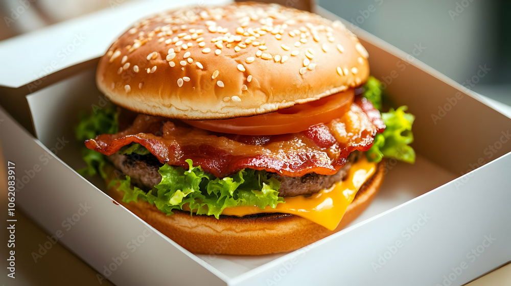 A classic bacon cheeseburger with a juicy beef patty, crispy bacon, melted cheddar cheese, fresh lettuce, and a slice of tomato, all served on a sesame seed bun. A savory delight for burger lovers A classic bacon cheeseburger with a juicy beef patty, crispy bacon, melted cheddar cheese, fresh lettuce, and a slice of tomato, all served on a sesame seed bun. A savory delight for burger lovers
