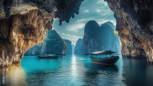 the seascape of the beautiful bay in thailand  a lot of cliffs and tourist boats 