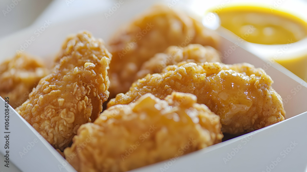 Breaded and fried chicken tenders, crispy and golden, served with honey mustard, offering a satisfying crunch and juicy center, ideal as a snack or appetizer Breaded and fried chicken tenders, crispy and golden, served with honey mustard, offering a satisfying crunch and juicy center, ideal as a snack or appetizer