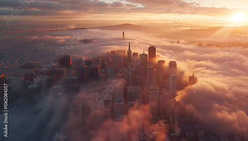 Fog in cities, beautiful natural scene view of fog in the cities with landscape by AI generative. #1062084357