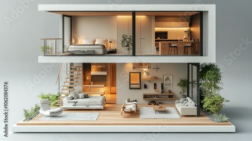 Isometric house interior, 3d house model concept