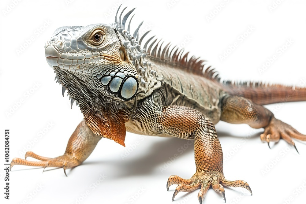 Obraz premium Close-up of iguana on white backdrop, detail in scales