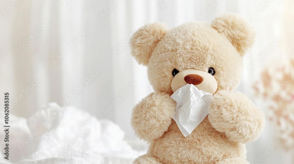 Obraz premium Teddy bear holding a tissue and appearing to sneeze, emphasizing the flu or cold symptoms, cold teddy bear