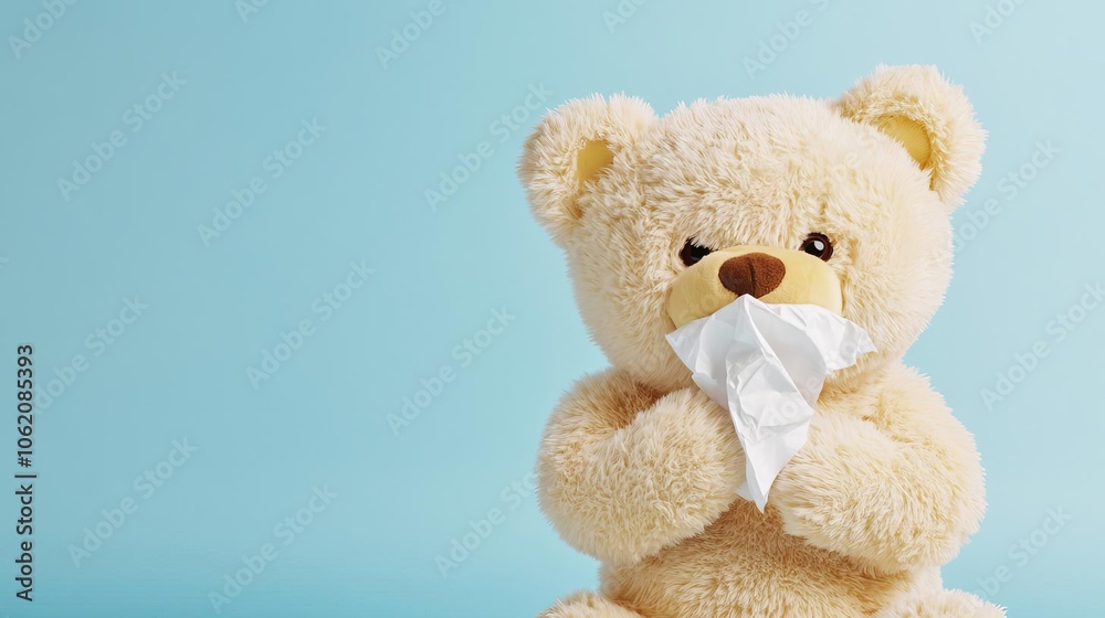 Teddy bear holding a tissue and appearing to sneeze, emphasizing the flu or cold symptoms, cold teddy bear