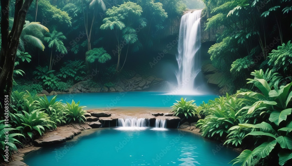 Obraz premium Tropical Paradise Waterfall: A serene waterfall cascades into a crystal-clear lagoon surrounded by lush tropical foliage, creating a breathtaking natural oasis. 