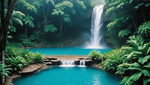 Fototapeta Naklejka Na Ścianę i Meble -  Tropical Paradise Waterfall: A serene waterfall cascades into a crystal-clear lagoon surrounded by lush tropical foliage, creating a breathtaking natural oasis.  