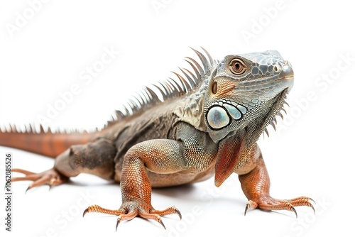 Close-up of brown iguana on white background, showing detail