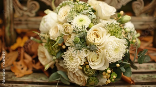 Autumn bridal bouquet of white, cream, and green flowers.