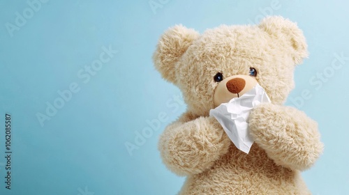 Teddy bear holding a tissue and appearing to sneeze, emphasizing the flu or cold symptoms, cold teddy bear