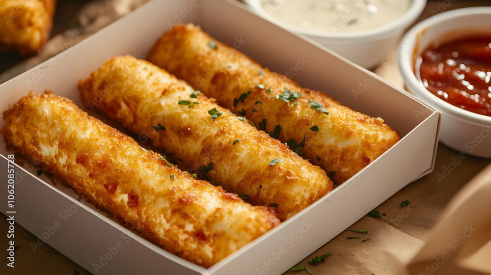 Crispy mozzarella sticks garnished with fresh herbs and served with creamy ranch dip. Crispy mozzarella sticks garnished with fresh herbs and served with creamy ranch dip.