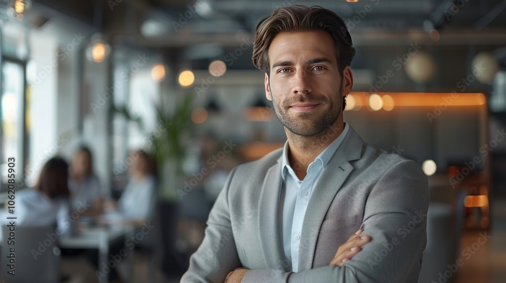 A professional man in a modern office environment, confidently posing and smiling at the camera. The background is filled with colleagues and office activity, highlighting a successful career. A professional man in a modern office environment, confidently posing and smiling at the camera. The background is filled with colleagues and office activity, highlighting a successful career.