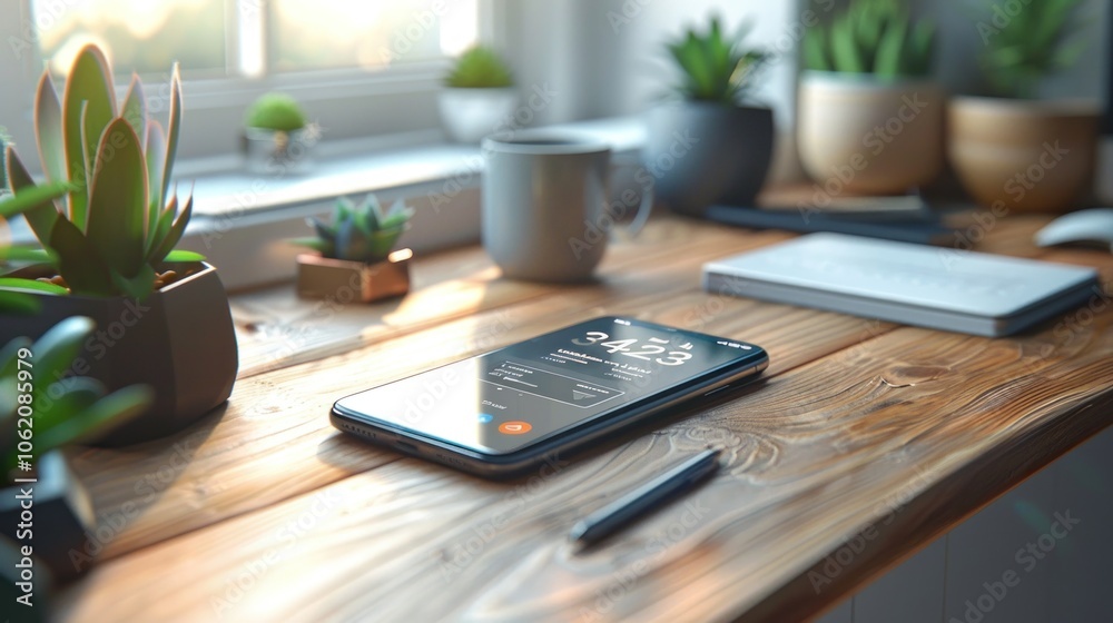 A smartphone with a delivery tracking app on a wooden desk. The scene is cozy with soft lighting, featuring plants and stationery, emphasizing modern e-commerce and convenience. A smartphone with a delivery tracking app on a wooden desk. The scene is cozy with soft lighting, featuring plants and stationery, emphasizing modern e-commerce and convenience.