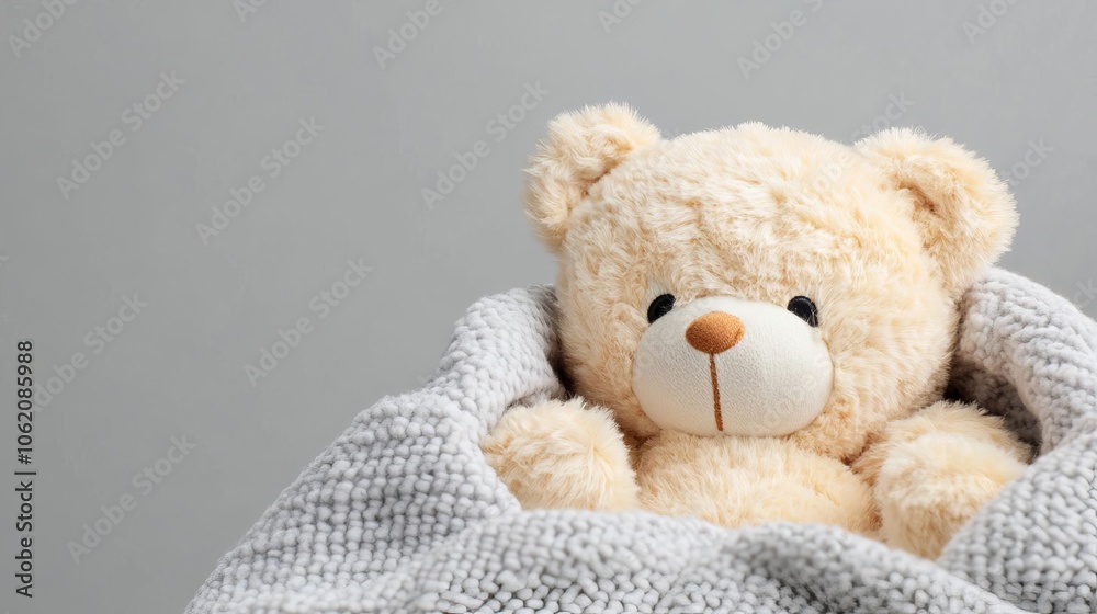 Obraz premium Teddy bear under a blanket, with eyes half-closed and a sad expression, symbolizing feeling unwell, teddy bear cozy sick