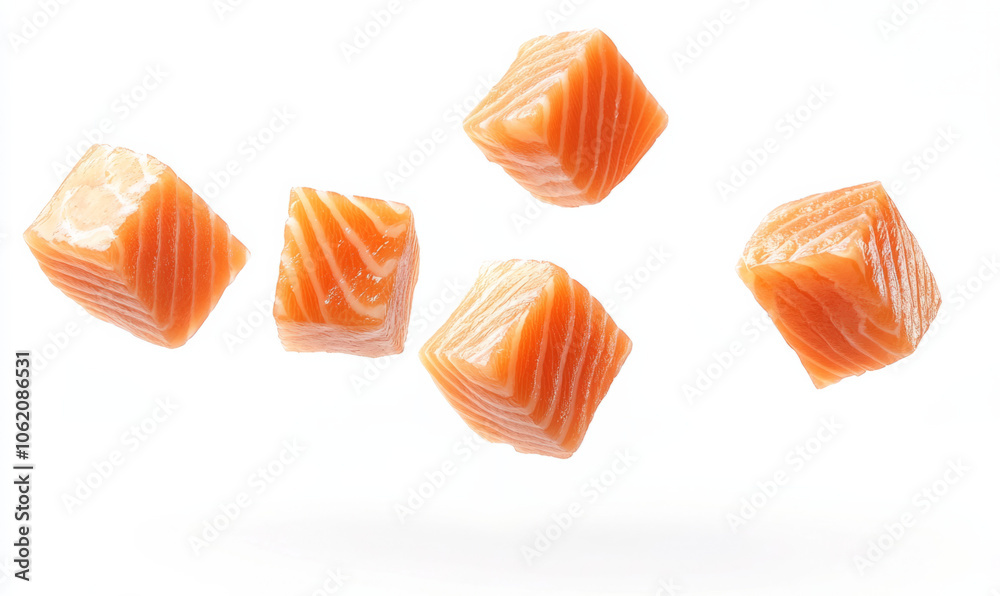 Fresh salmon cubes suspended in mid-air against a clean white background Fresh salmon cubes suspended in mid-air against a clean white background