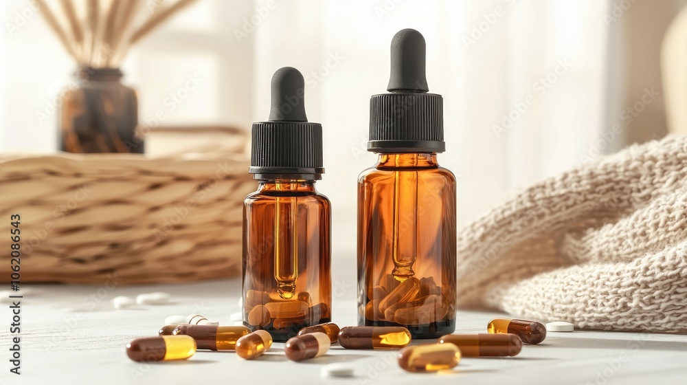 Amber glass bottles with droppers and capsules on a light surface.