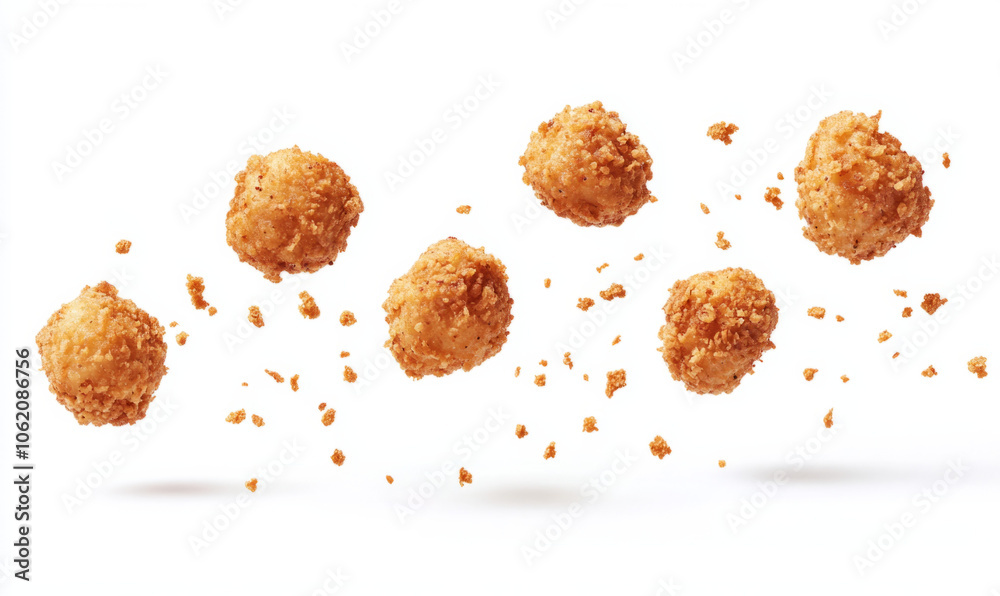 Crispy fried balls floating in mid-air against a white background Crispy fried balls floating in mid-air against a white background