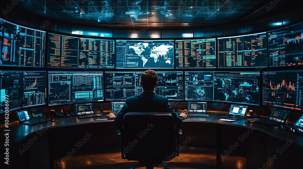 Cybersecurity Analyst at Work: A lone figure sits before a wall of high-tech monitors, displaying complex data streams and a world map, symbolizing global cybersecurity vigilance and data protection.