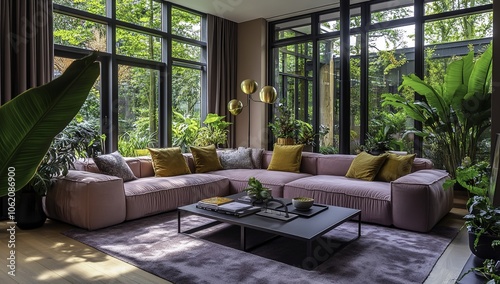 A modern minimalist living room featuring a pink sofa adorned with large and small cushions, complemented by floor-to-ceiling windows that fill the space with natural light.