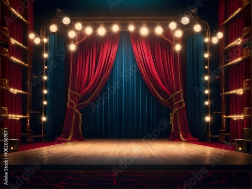 An empty theater stage with elegant red curtains and stairs