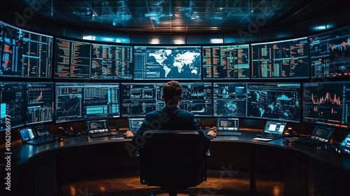 Obraz na płótnie Cybersecurity Analyst at Work: A lone figure sits before a wall of high-tech monitors, displaying complex data streams and a world map, symbolizing global cybersecurity vigilance and data protection. w salonie
