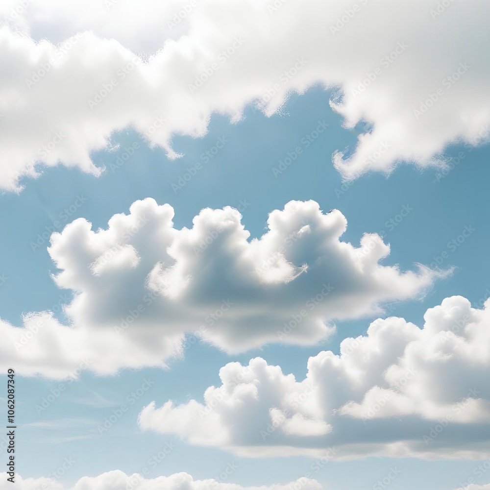 Fototapeta premium Serene Sky: A symphony of white, fluffy clouds drifts across a canvas of azure blue, evoking a sense of tranquility and peace. The soft, ethereal glow of the sun bathes the clouds in a gentle light.