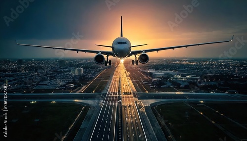 A dramatic view of an airplane landing on a runway at sunset, showcasing the beauty of aviate photo