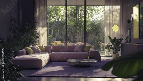 A modern minimalist living room featuring a pink sofa adorned with large and small cushions, complemented by floor-to-ceiling windows that fill the space with natural light.