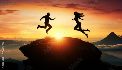  Silhouette of a man and woman jumping from a cliff 